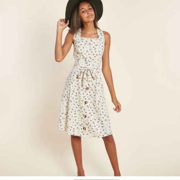 Monteau Dresses & Skirts - Oatmeal Floral Button-Accent Linen-Blend Sleeveless Dress